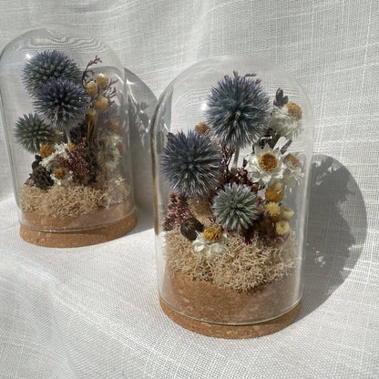 Large Botanical Terrarium Cloche w. Blue Dried Flowers