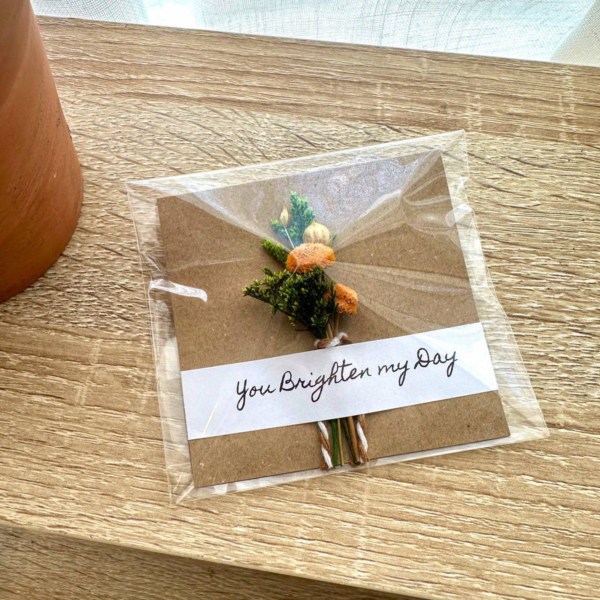 You Brighten My Day Orange Mini Dried Floral Bouquet Card