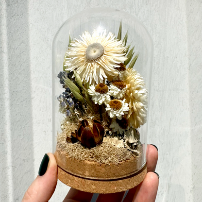 Large Botanical Terrarium Cloche w. White Dried Flowers