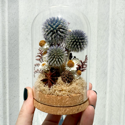 Large Botanical Terrarium Cloche w. Blue Dried Flowers