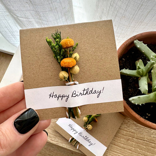 Happy Birthday Mini Orange Dried Floral Bouquet Card